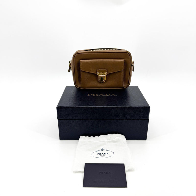 Prada Pushlock Pocket Camera Saffiano Leather Brown Bag
