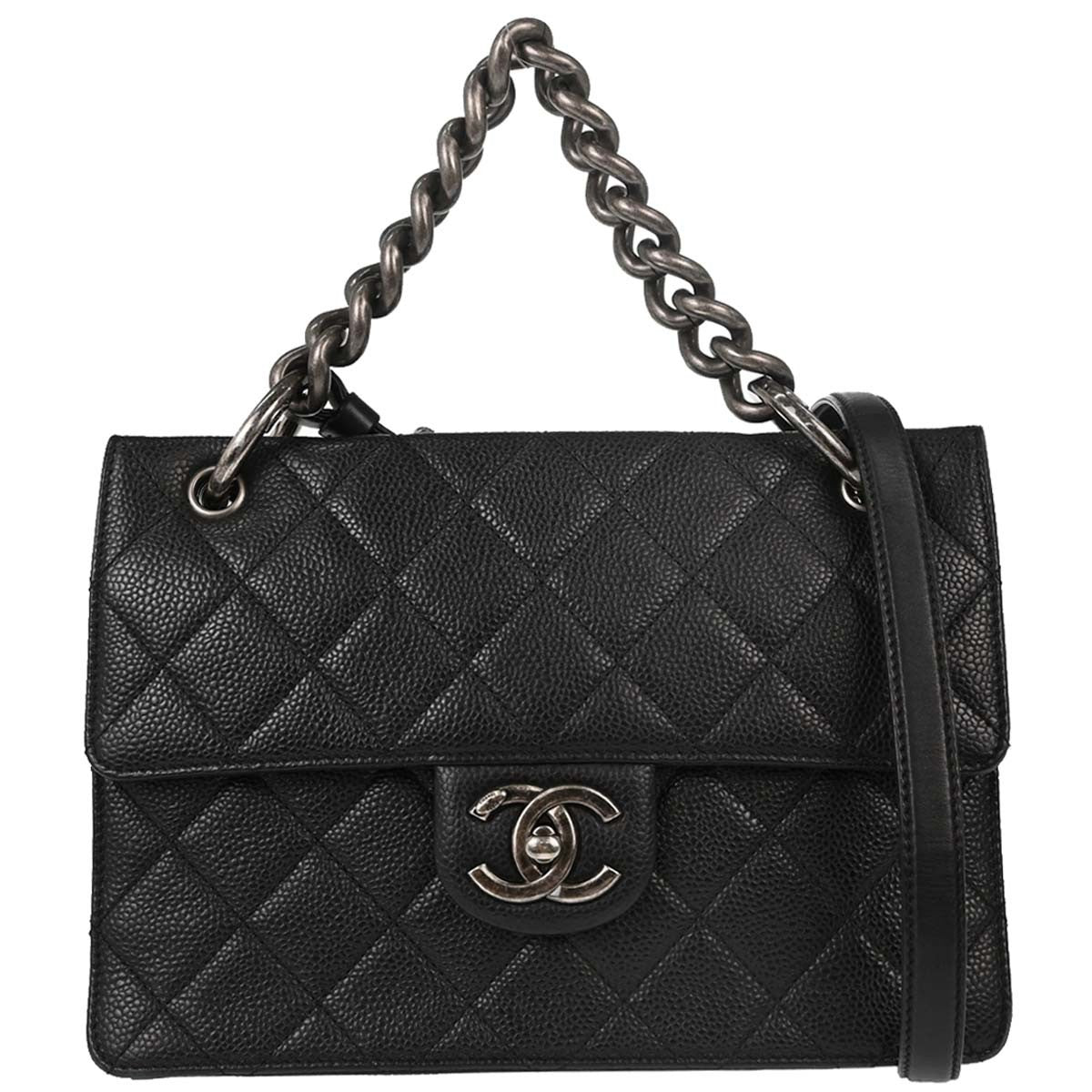 Chanel Paris-Edinburgh Square Flap Caviar 2 Way Black Leather Bag
