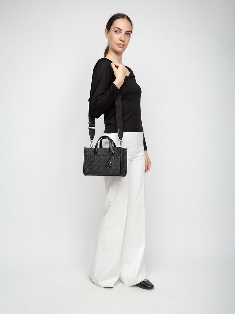 Michael Kors Signature Logo Canvas Satchel — Black Polyurethane