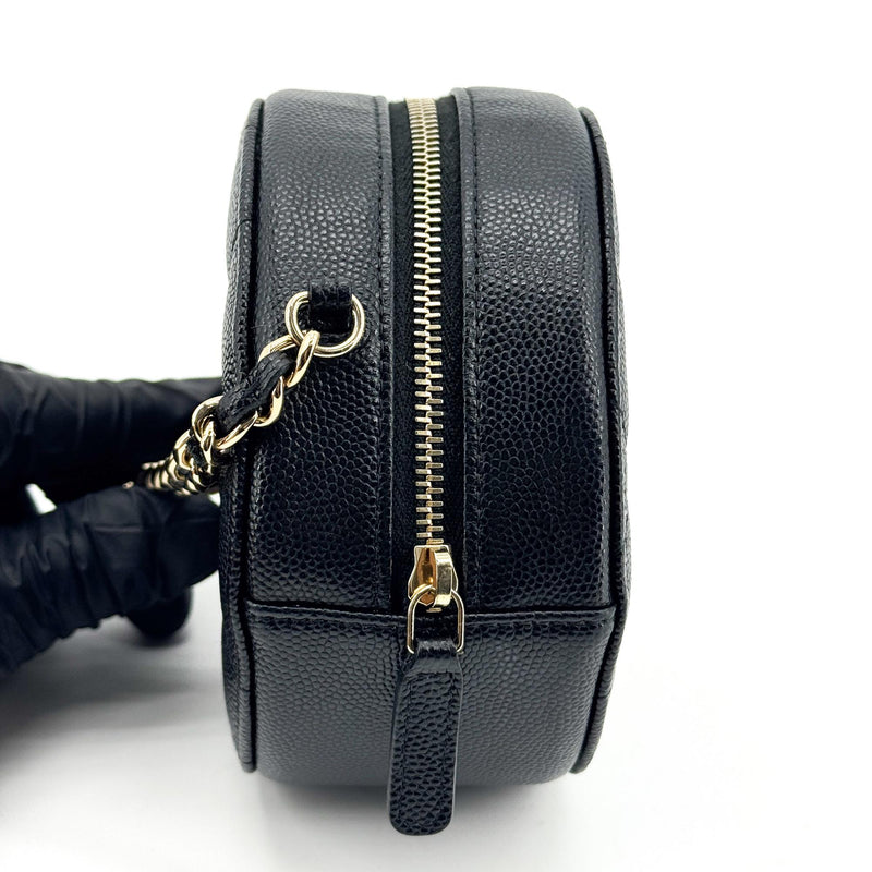 Chanel Round Chain Quilted Caviar Black Leather Bag