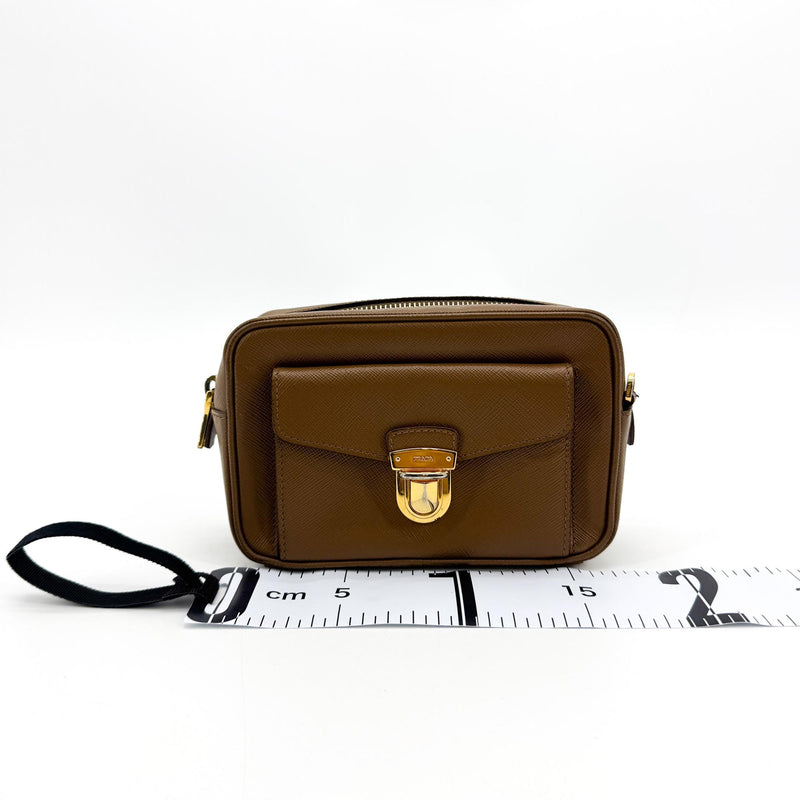 Prada Pushlock Pocket Camera Saffiano Leather Brown Bag