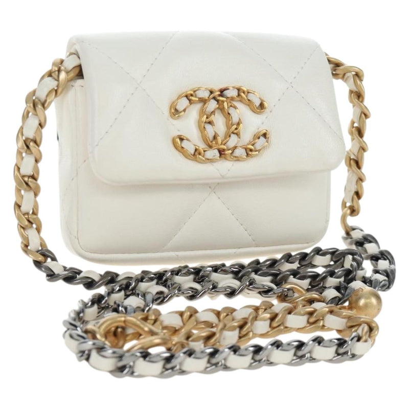 Chanel 19 Card Holder On Chain Quilted Leather White Bag