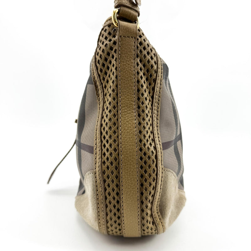 Burberry Ashwood Convertible Hobo House Check Canvas Beige Suede