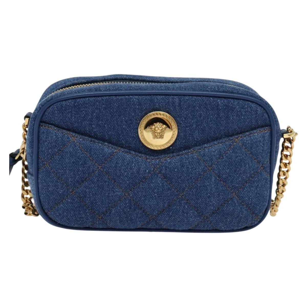 Versace Medusa Icon Front Slip Pocket Camera Quilted Denim Blue Canvas Bag