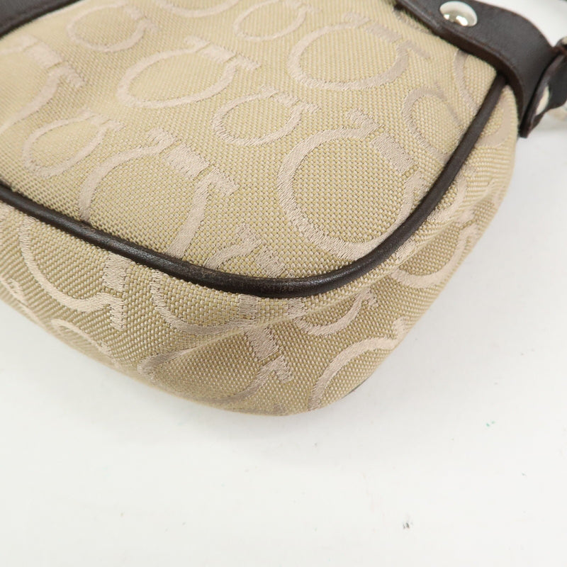 Salvatore Ferragamo Gancini Handle Leather Beige Canvas Bag