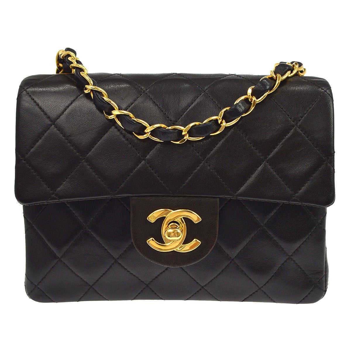 Chanel Vintage Square Classic Single Flap Quilted Lambskin Black Leather Bag