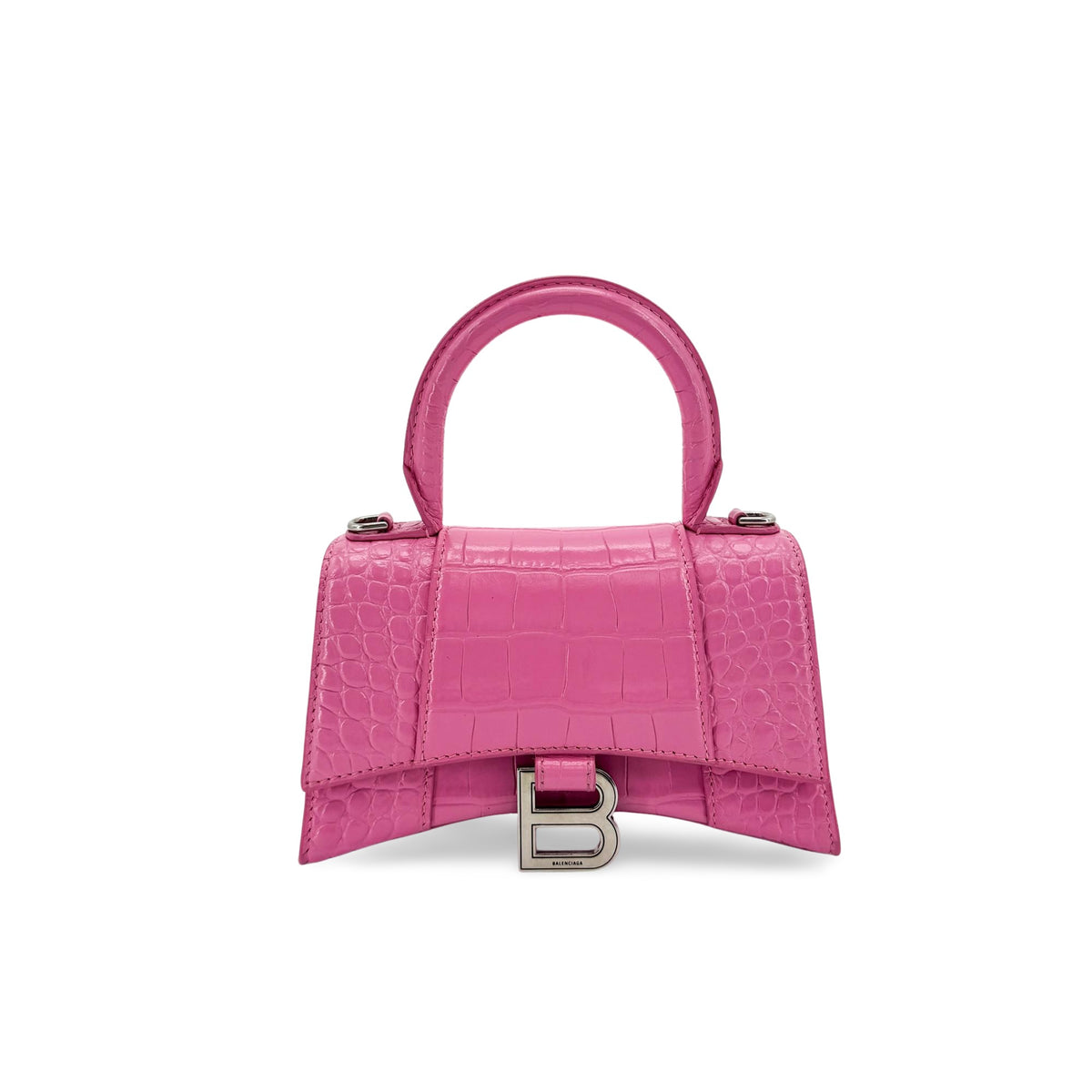 Balenciaga Hourglass Top Handle Crocodile Embossed Leather Pink Bag