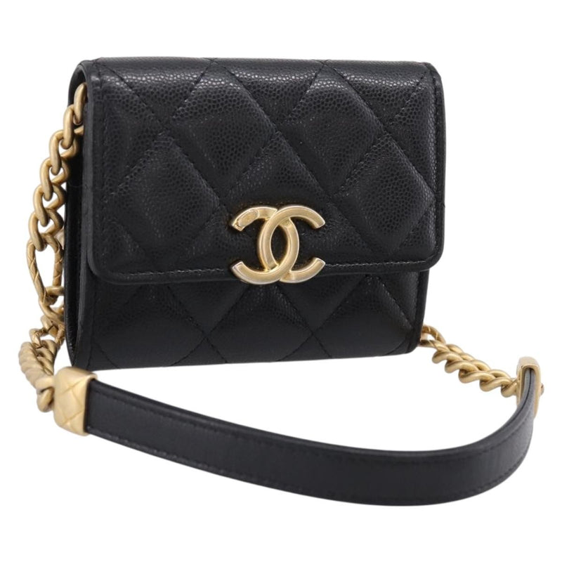 Chanel Plate Logo Cc Flap Card Holder On Chain Quilted Caviar Black Leather Bag