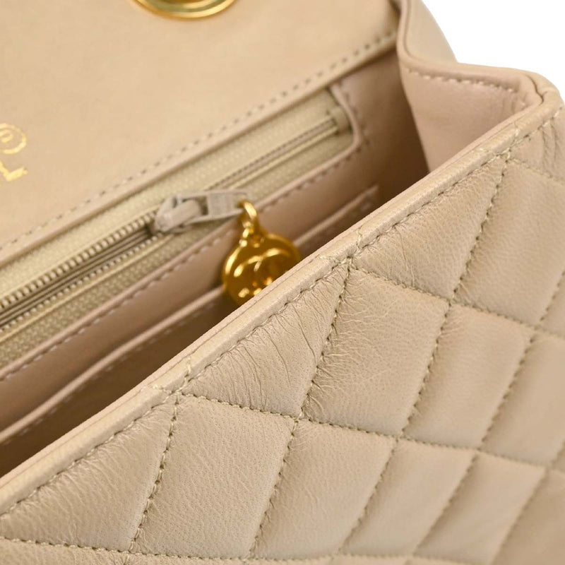 Chanel Cc Top Handle Flap Quilted Lambskin Beige Leather Bag