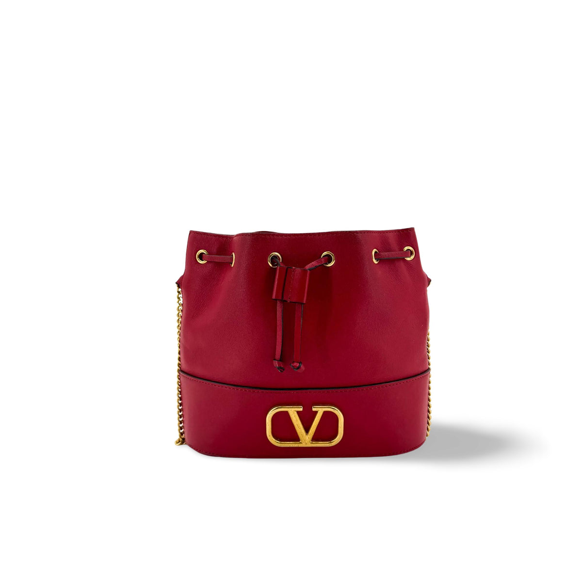Valentino Garavani Vlogo Drawstring Bucket Leather Gold Bag