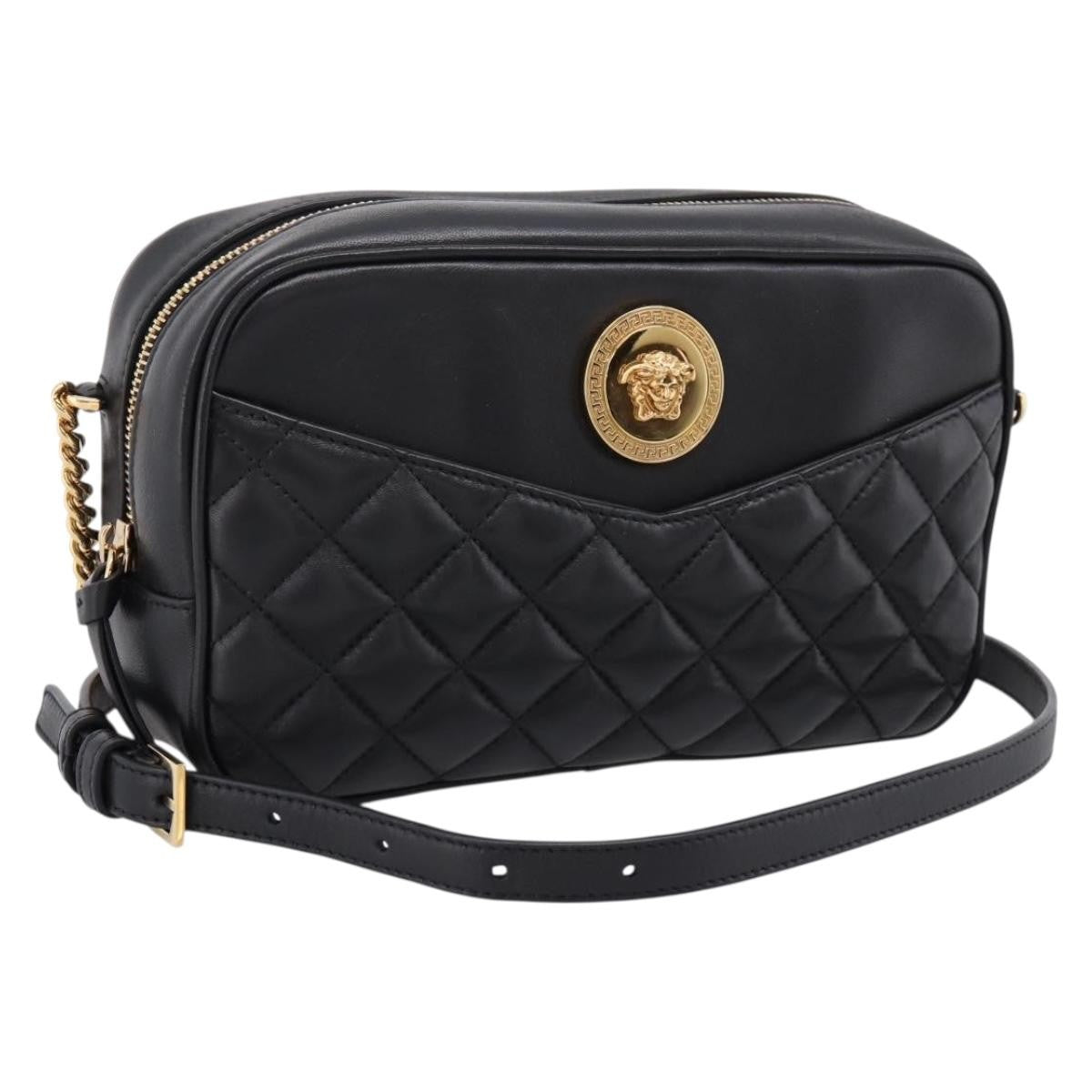 Versace Medusa Icon Front Slip Pocket Camera Quilted Leather Black Bag