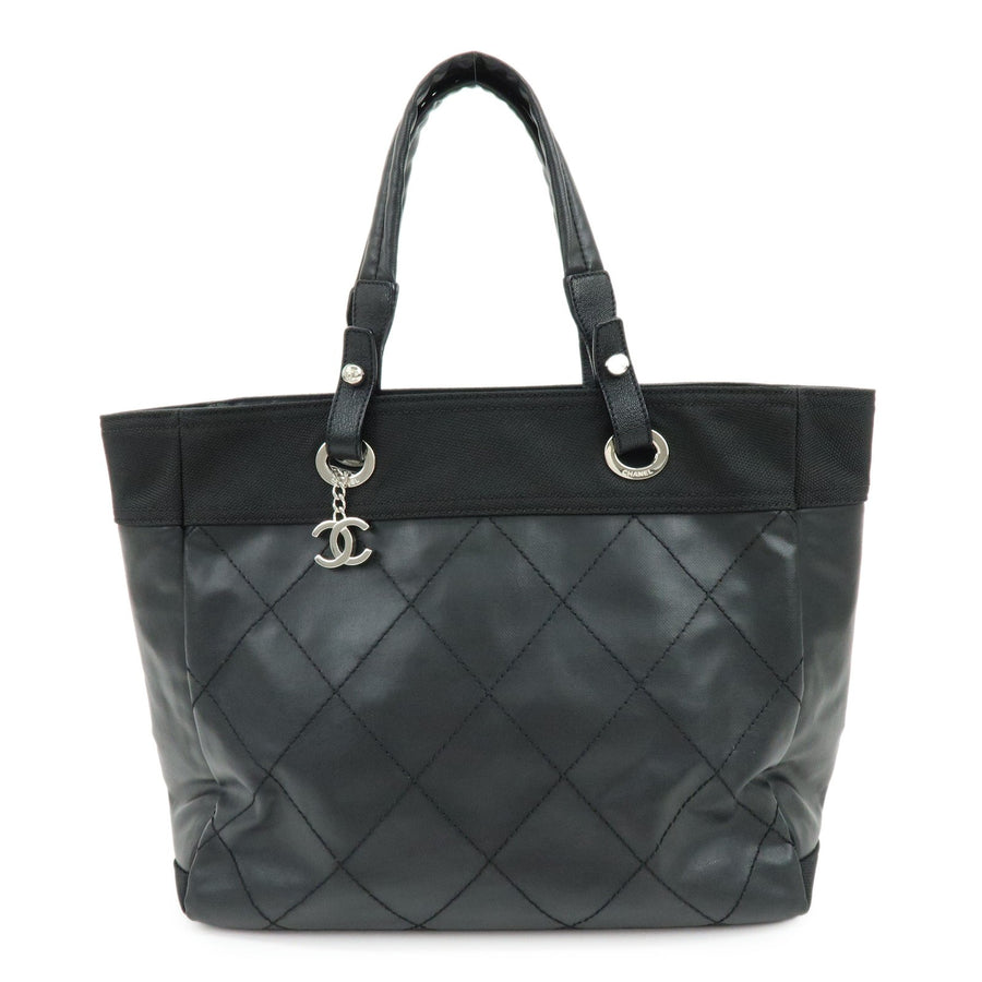 Chanel Biarritz Quilted Coated Canvas Black Leather Bag