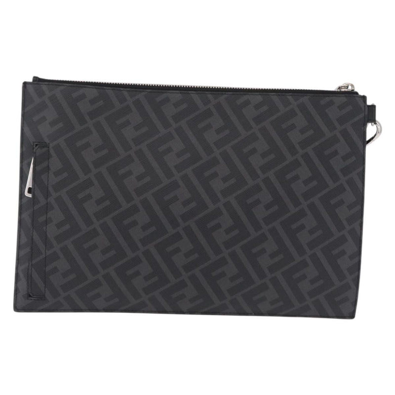 Fendi Zip Flat Wristlet Zucca Coated Canvas And Leather Black Bag