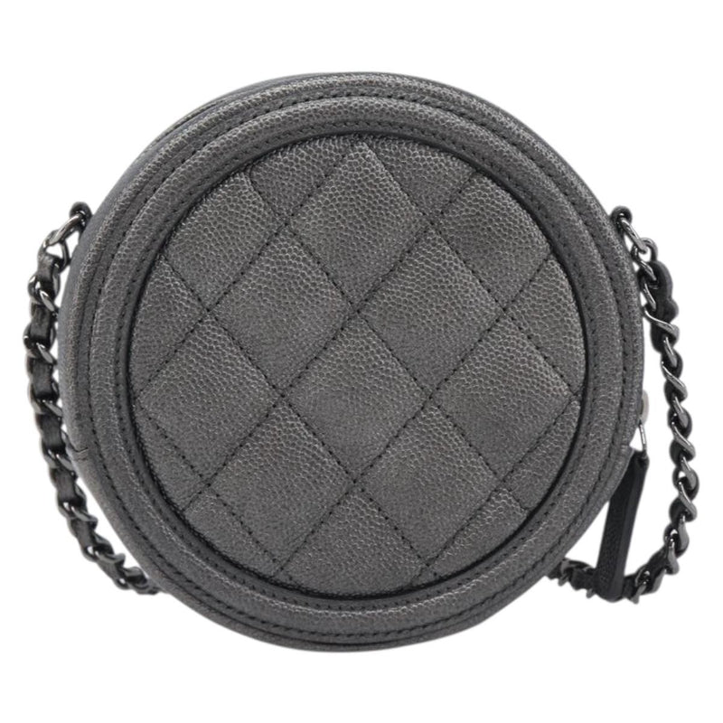 Chanel Filigree Round Clutch With Chain Quilted Iridescent Caviar Gray Leather