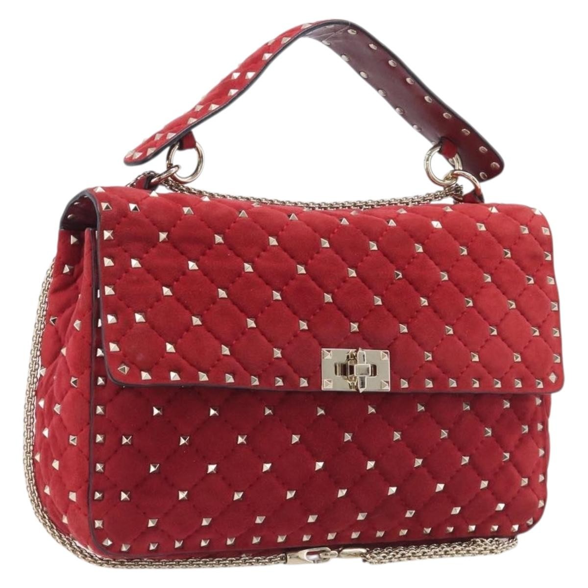 Valentino Garavani Rockstud Spike Flap Quilted Suede Red Bag
