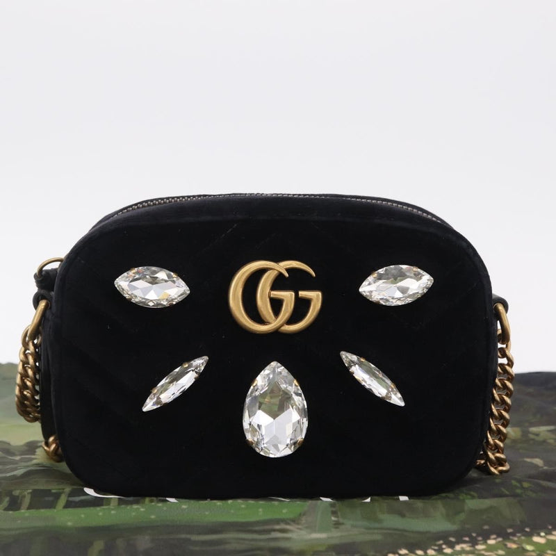 Gucci Gg Marmont Crystal Embellished Matelasse Velvet Black Bag