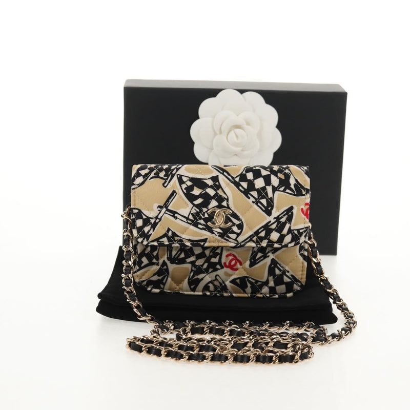 Chanel Flap Card Holder On Chain Quilted Printed Canvas Beige Satin Bag