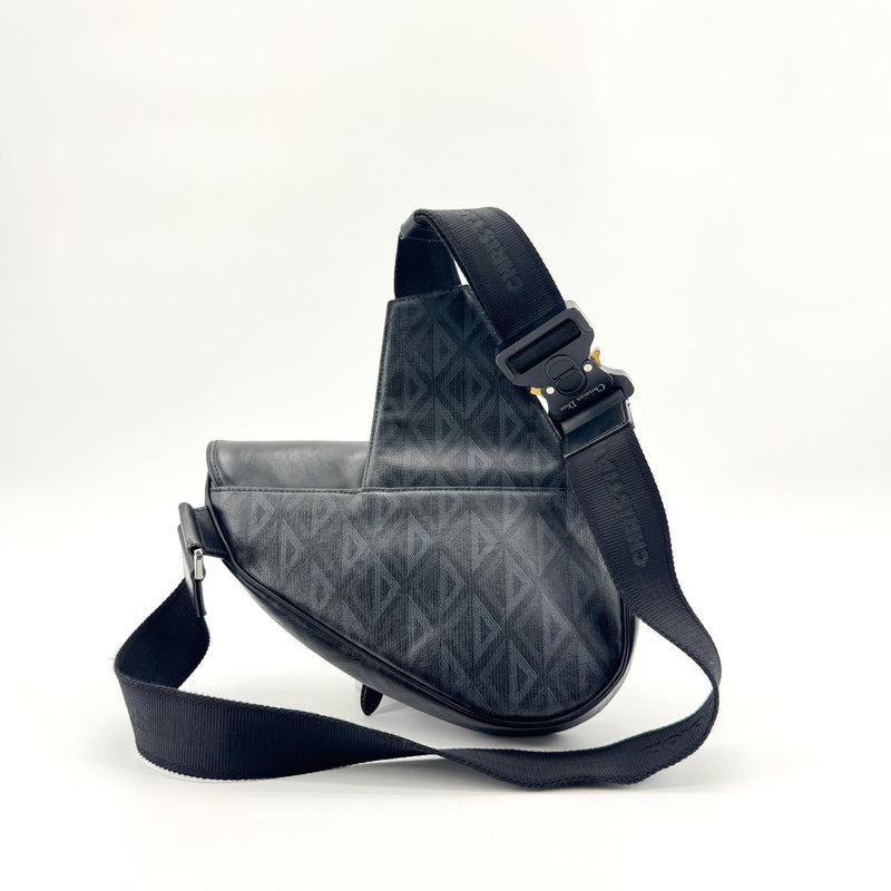Christian Dior Saddle Cd Diamond Coated Canvas And Leather Black Bag