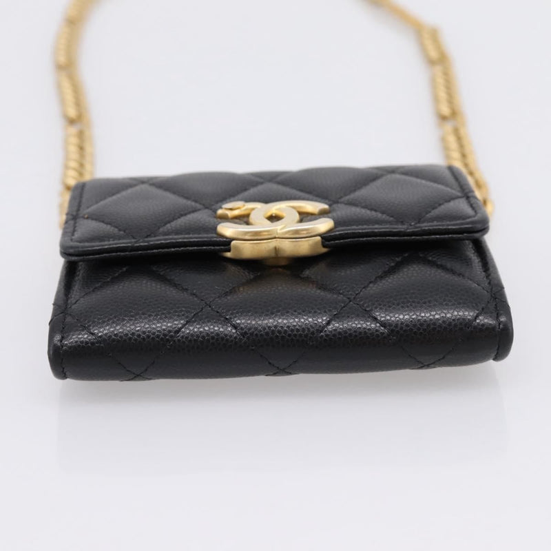 Chanel Plate Logo Cc Flap Card Holder On Chain Quilted Caviar Black Leather Bag