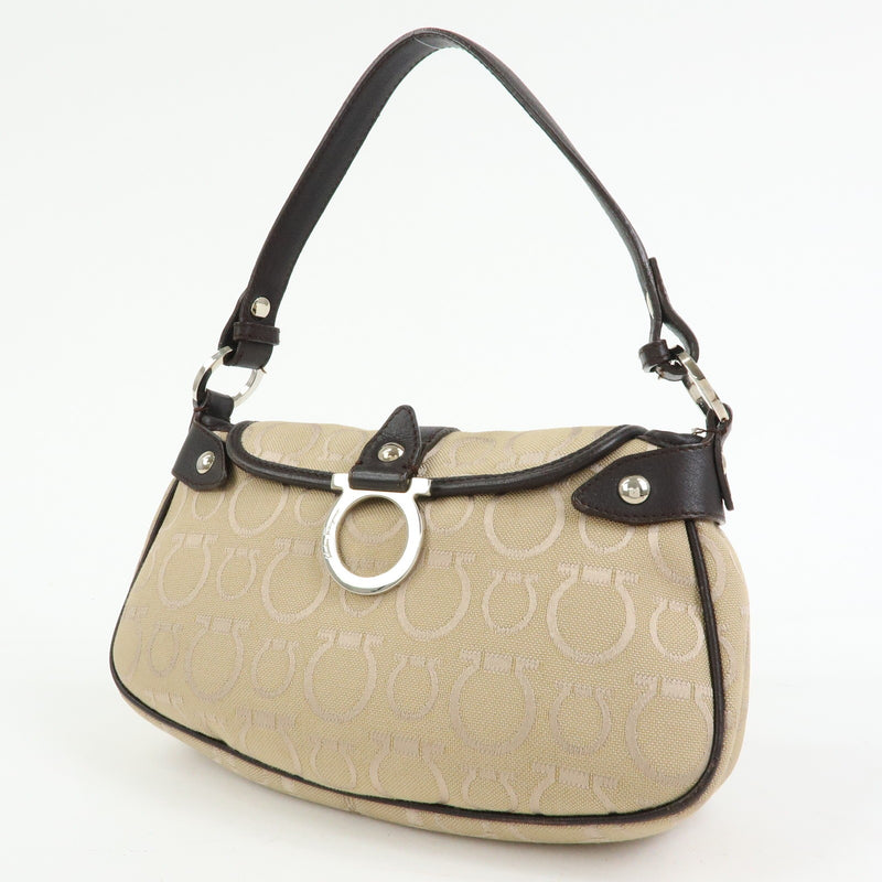 Salvatore Ferragamo Gancini Handle Leather Beige Canvas Bag
