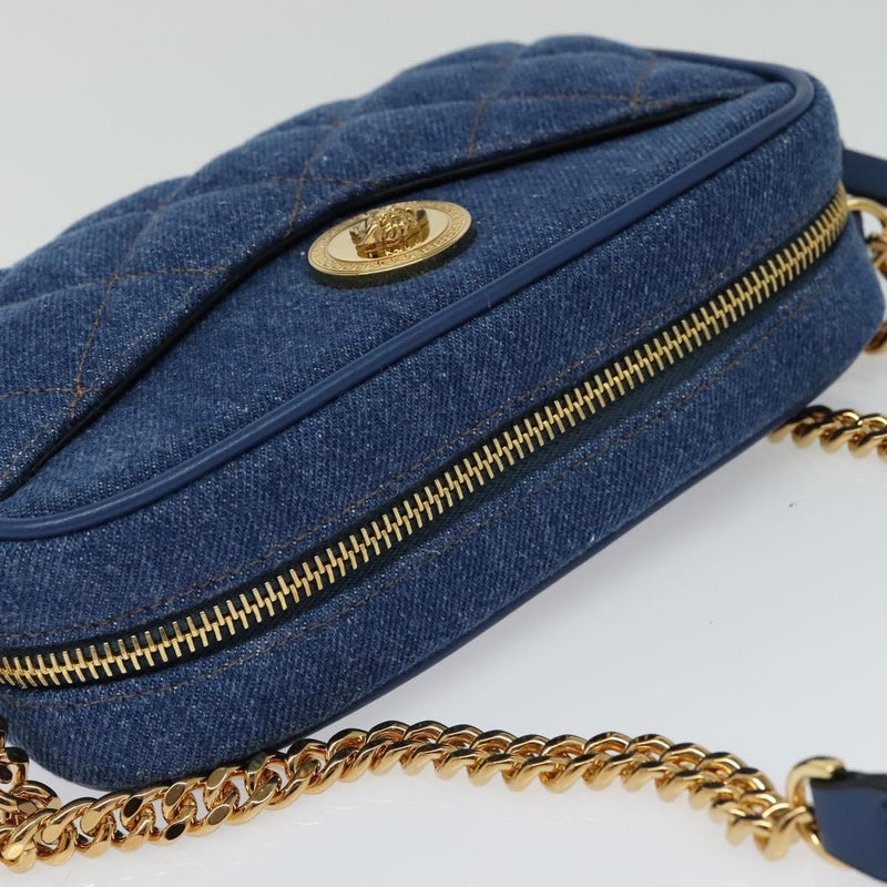 Versace Medusa Icon Front Slip Pocket Camera Quilted Denim Blue Canvas Bag