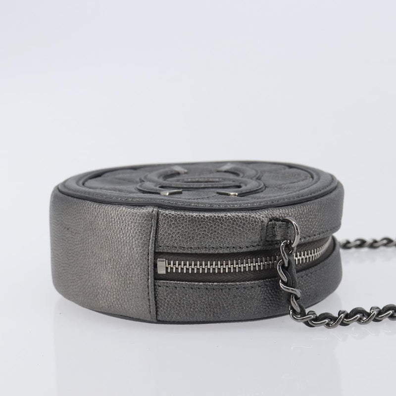 Chanel Filigree Round Clutch With Chain Quilted Iridescent Caviar Gray Leather