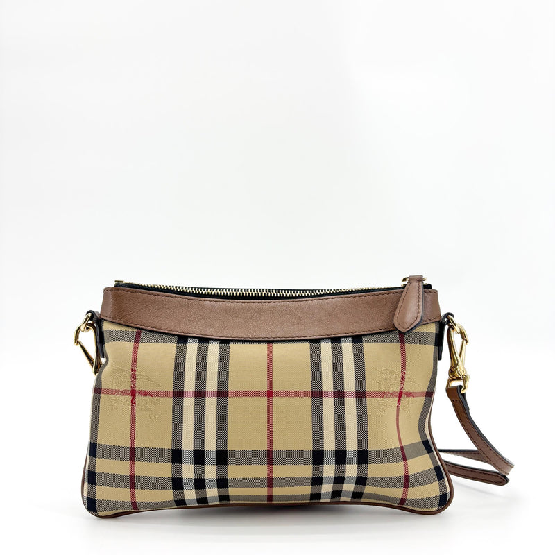 Burberry Peyton Crossbody Clutch Haymarket Coated Canvas Brown