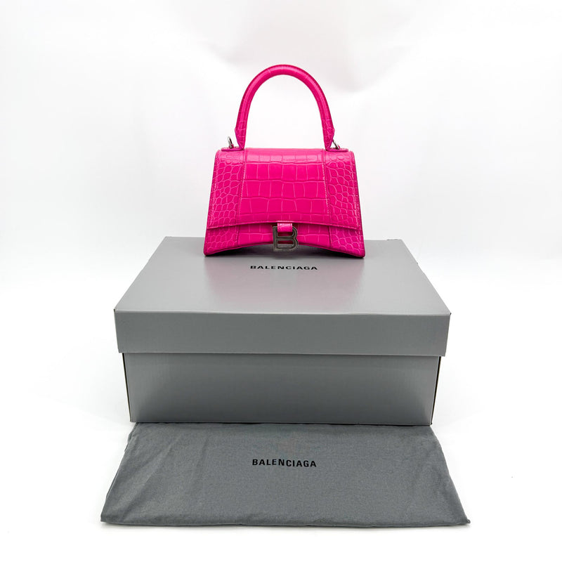 Balenciaga Hourglass Top Handle Crocodile Embossed Leather Pink Bag