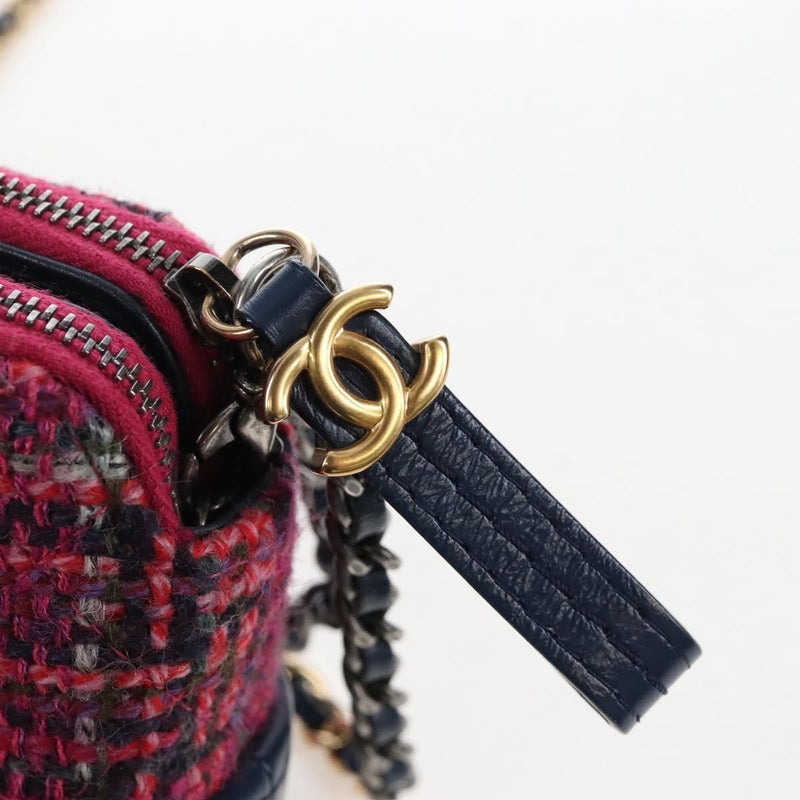 Chanel Gabrielle Double Zip Clutch With Chain Quilted Tweed Pink