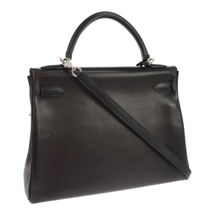 Hermes Kelly Black Evercalf With Palladium Hardware Leather Bag