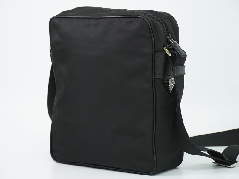 Prada Front Zip Messenger Quilted Tessuto Black Nylon