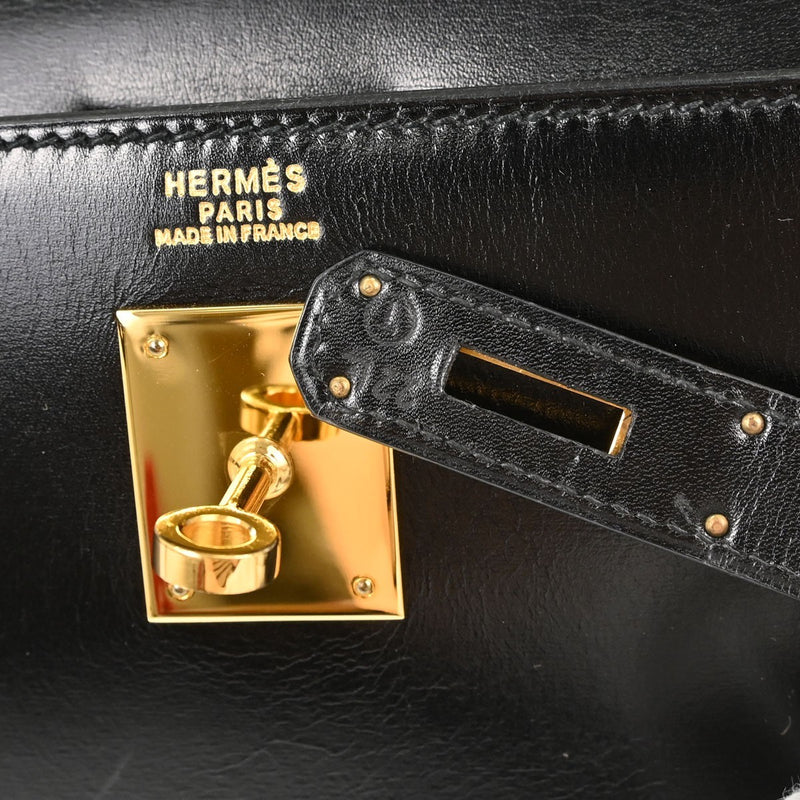 Hermes Kelly Black Box Calf With Gold Hardware Calfskin Bag