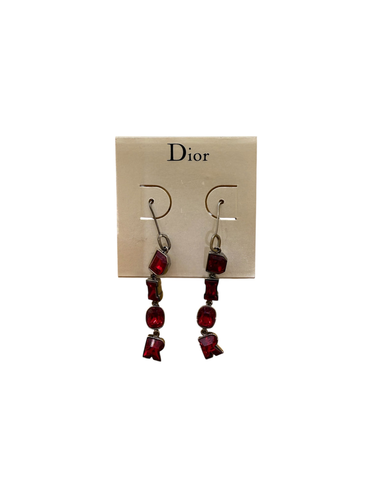 Christian Dior Vintage Heart D Dangling Metal With Rhinestones Red Steel Bijoux