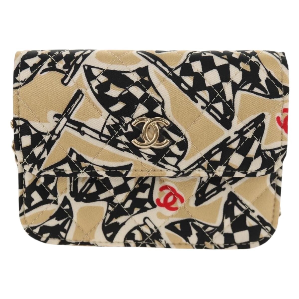 Chanel Flap Card Holder On Chain Quilted Printed Canvas Beige Satin Bag