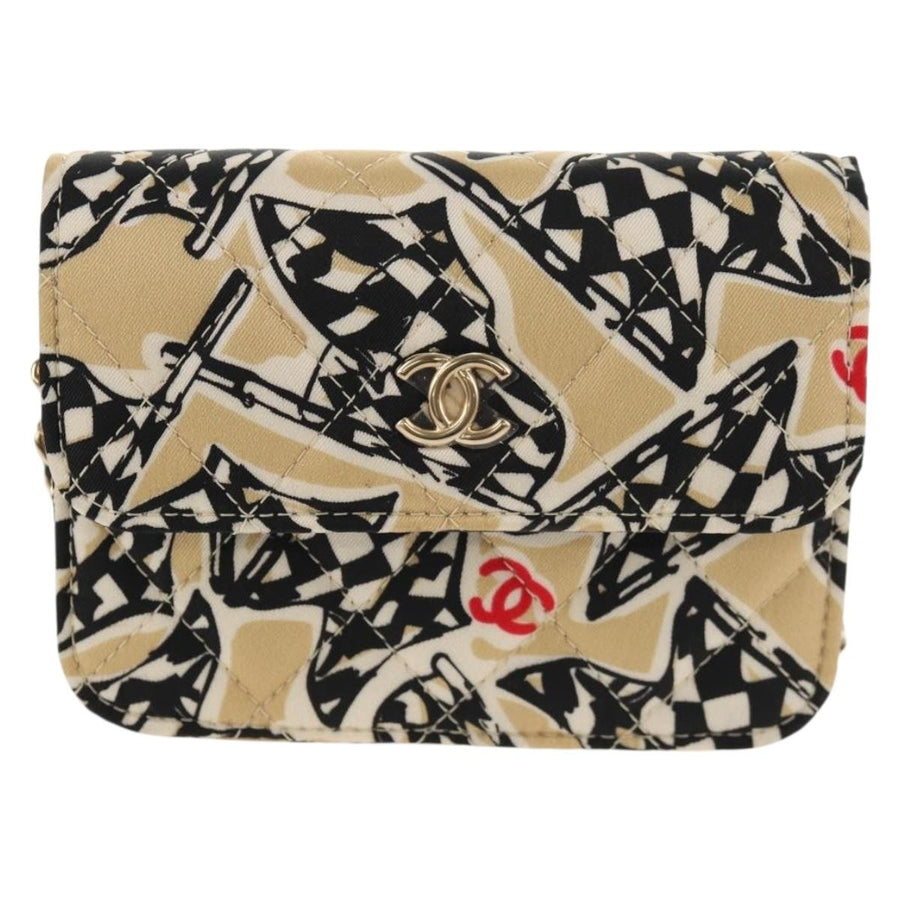 Chanel Flap Card Holder On Chain Quilted Printed Canvas Beige Satin Bag