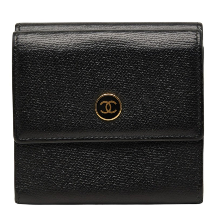 Chanel Cc Button Bi-Fold Leather Black Accessory