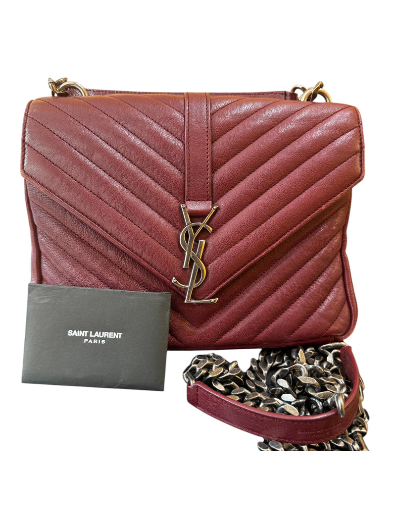 Saint Laurent Classic Monogram College Matelasse Chevron Leather Burgundy Bag
