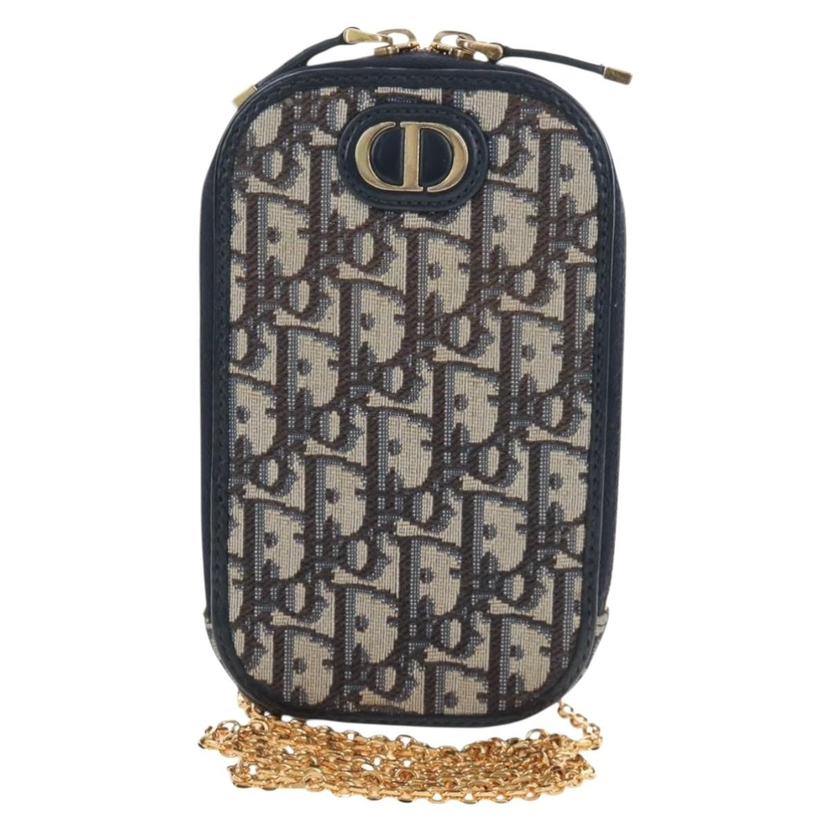 Christian Dior 30 Montaigne Phone Holder On Chain Oblique Canvas Navy Bag
