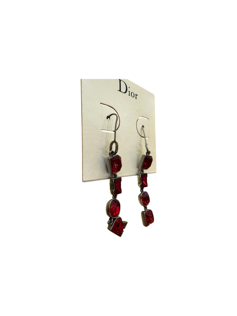 Christian Dior Vintage Heart D Dangling Metal With Rhinestones Red Steel Bijoux