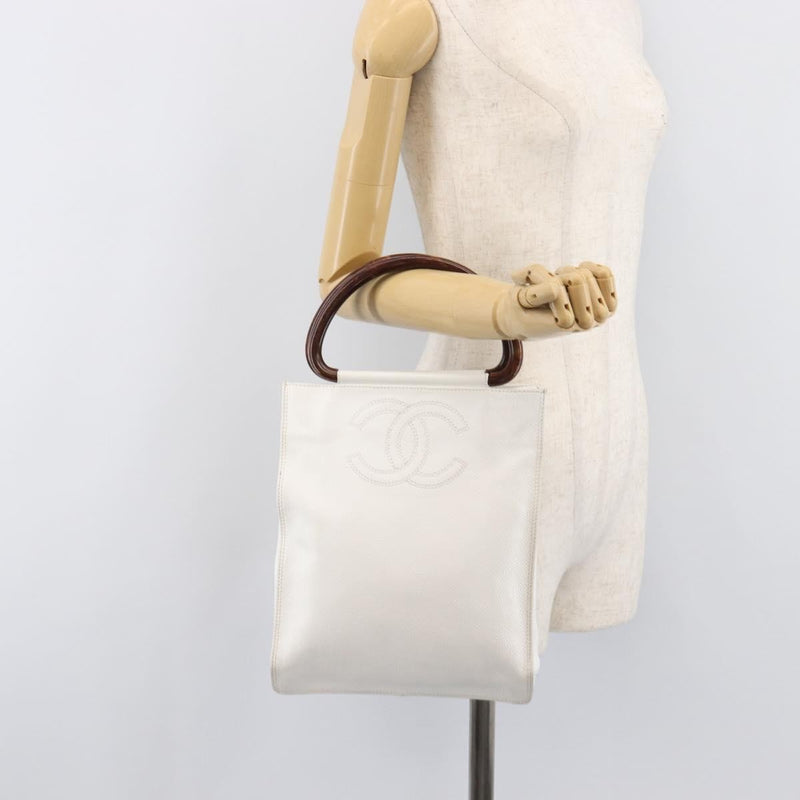 Chanel Vintage Wooden Quilted Caviar White Leather Bag