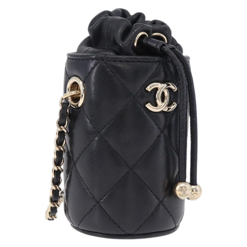 Chanel Drawstring Bucket With Chain Quilted Lambskin Black Leather Bag