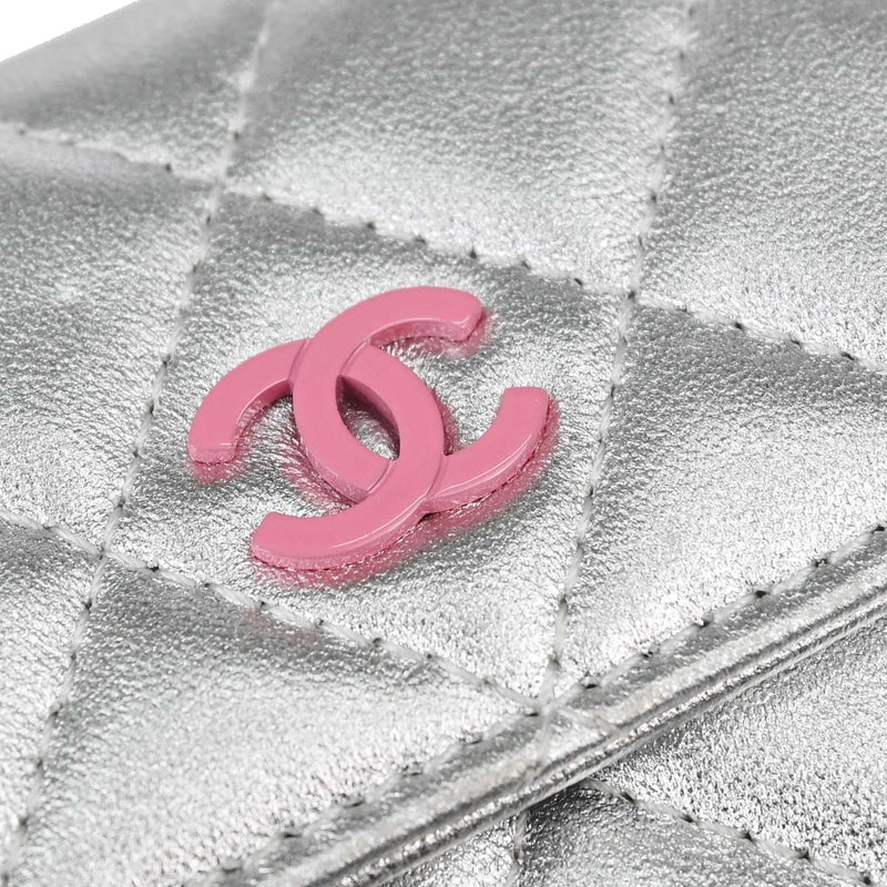 Chanel Cc Flap Card Case Quilted Lambskin Silver Leather Accessory