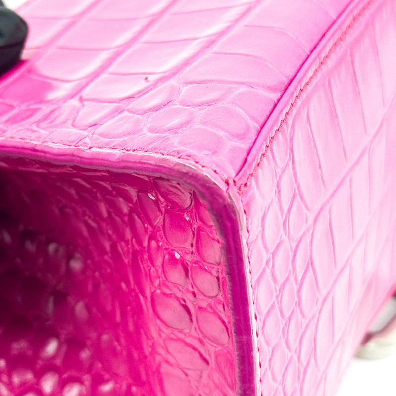 Balenciaga Hourglass Top Handle Crocodile Embossed Leather Pink Bag