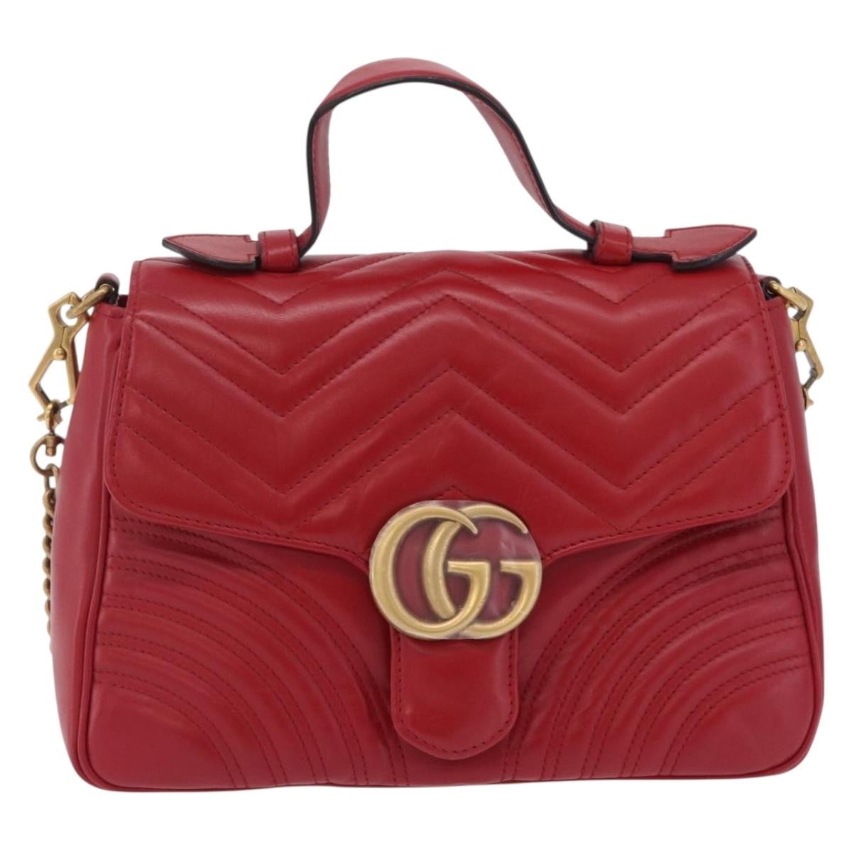 Gucci Gg Marmont Top Handle Matelasse Leather Red Bag
