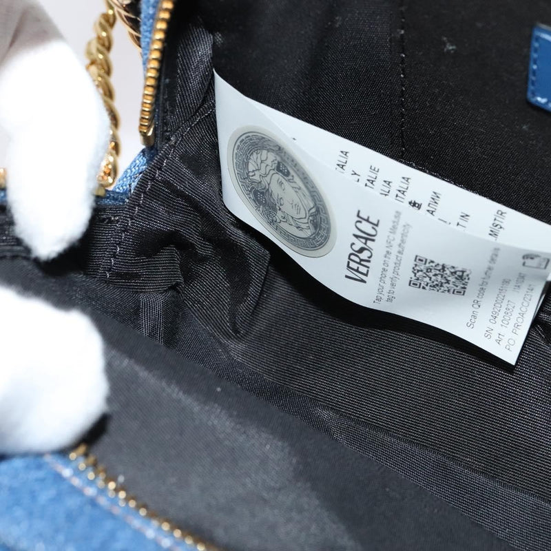 Versace Medusa Icon Front Slip Pocket Camera Quilted Denim Blue Canvas Bag