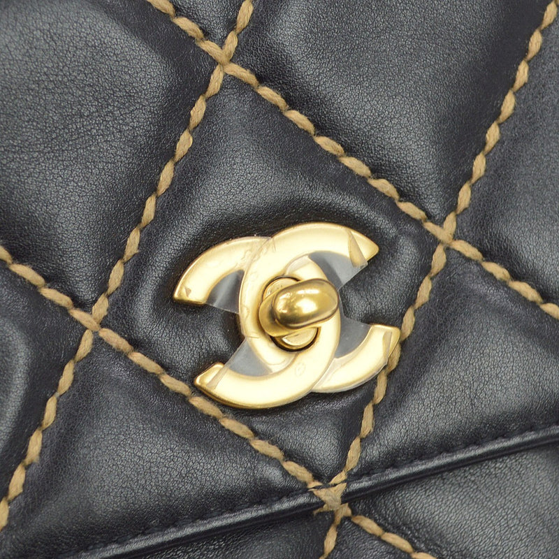 Chanel Surpique Classic Top Handle Flap Quilted Lambskin Black Leather Bag