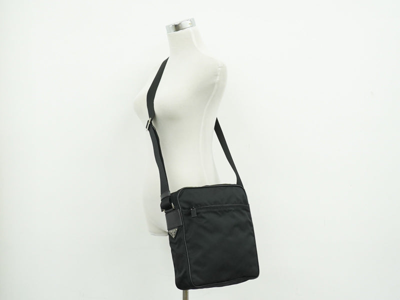 Prada Front Zip Messenger Quilted Tessuto Black Nylon