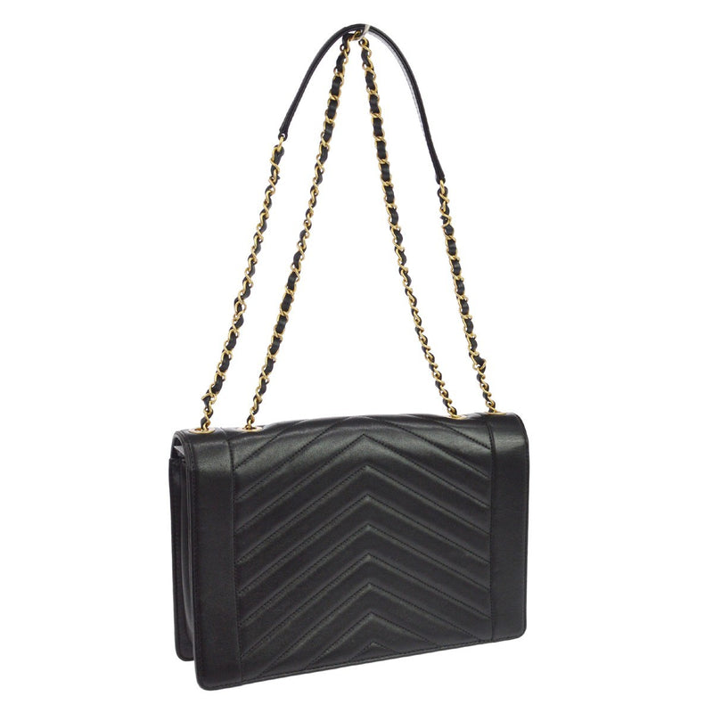 Chanel Reversed Flap Chevron Lambskin Black Leather Bag