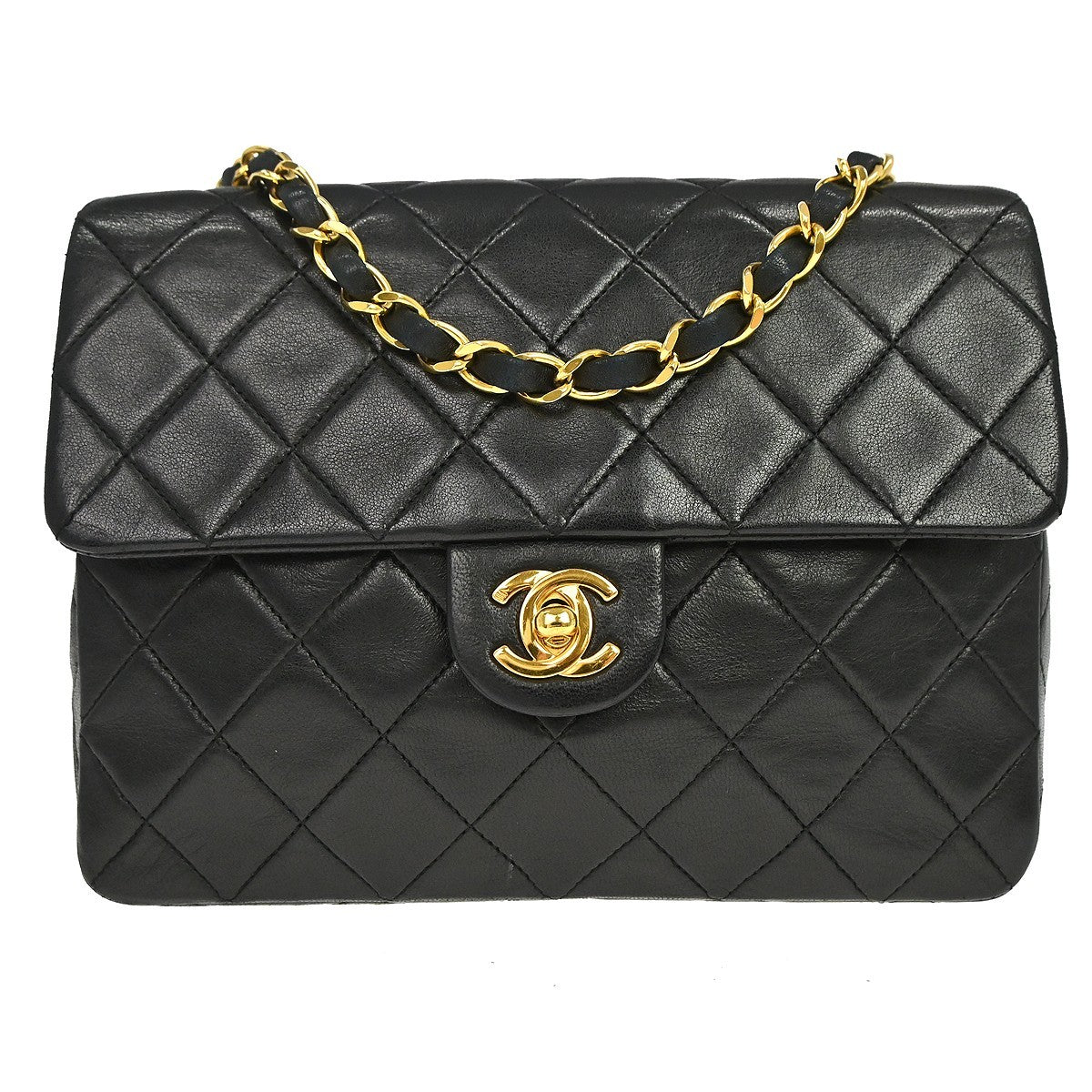 Chanel Vintage Square Classic Flap Quilted Lambskin Black Leather Bag