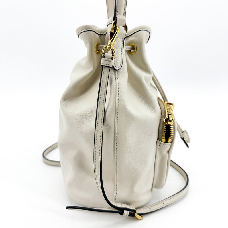 Prada Duet Drawstring Bucket Leather White Bag